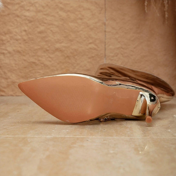 Gold Patent  Bling Sexy Thin High Heel Pointed Toe Knee High Modern Chelsea - Picture 5 of 8